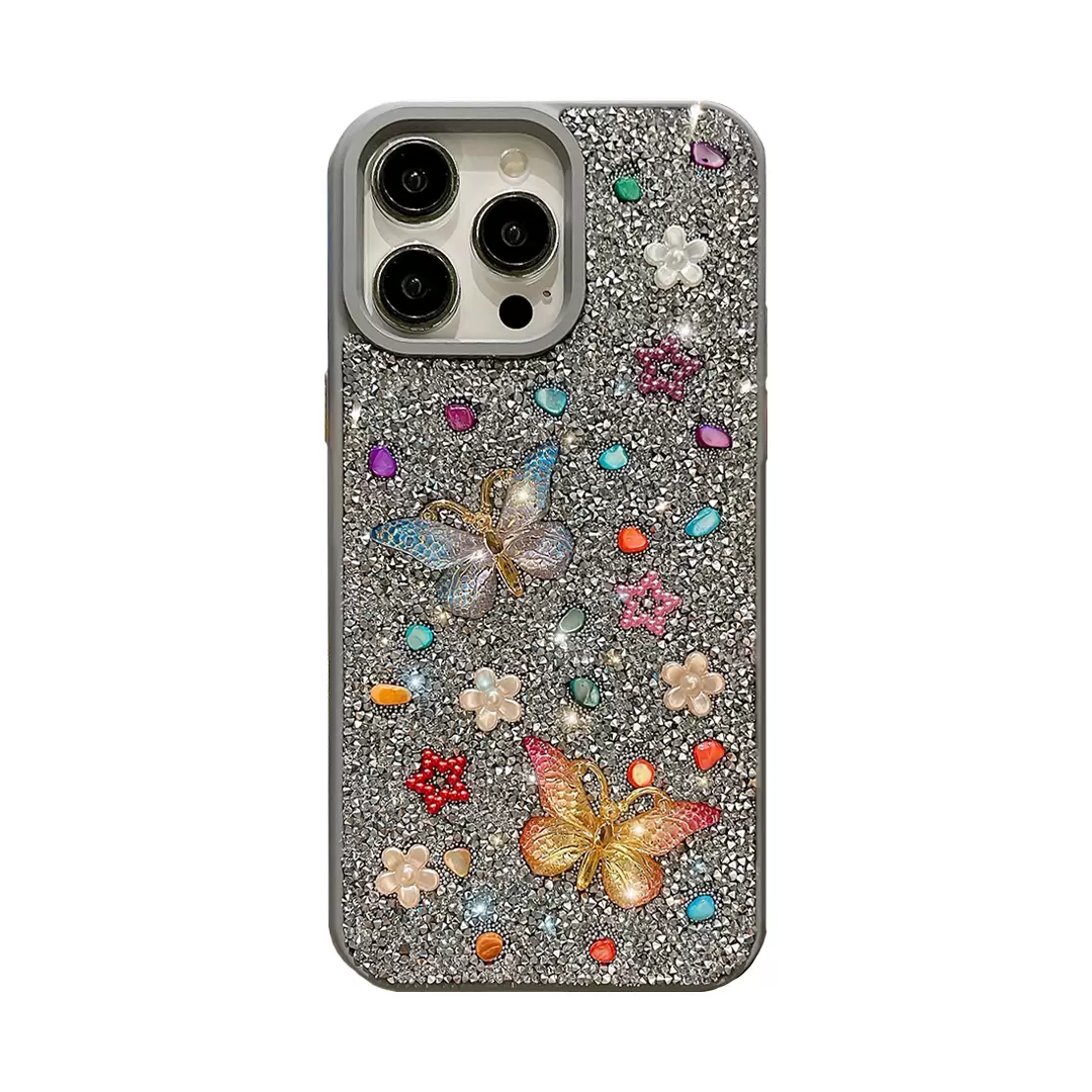 iPhone 15/iPhone 14/iPhone 13 Butterfly and Diamond Bling Case Light Gray